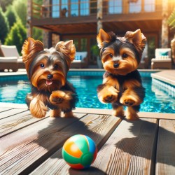 Yorkies playing next to Pool