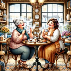 Fat ladies drinking coffee