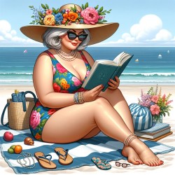 Fat lady reading on beach