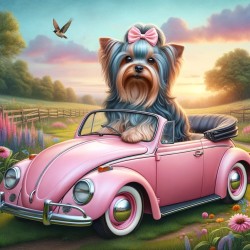 Yorkie in Pink Beatle