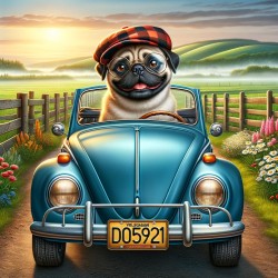 Pug sitting in Blue Beatle