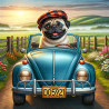 Pug sitting in Blue Beatle