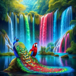 Peacock and waterfall