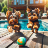 Yorkies with ball at Pool 45x45cm