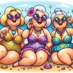 Fat ladies on beach 50x50cm