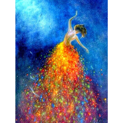 "Diamond art painting of a girl dancing in a sparkling gold and orange dress against a blue galaxy background"