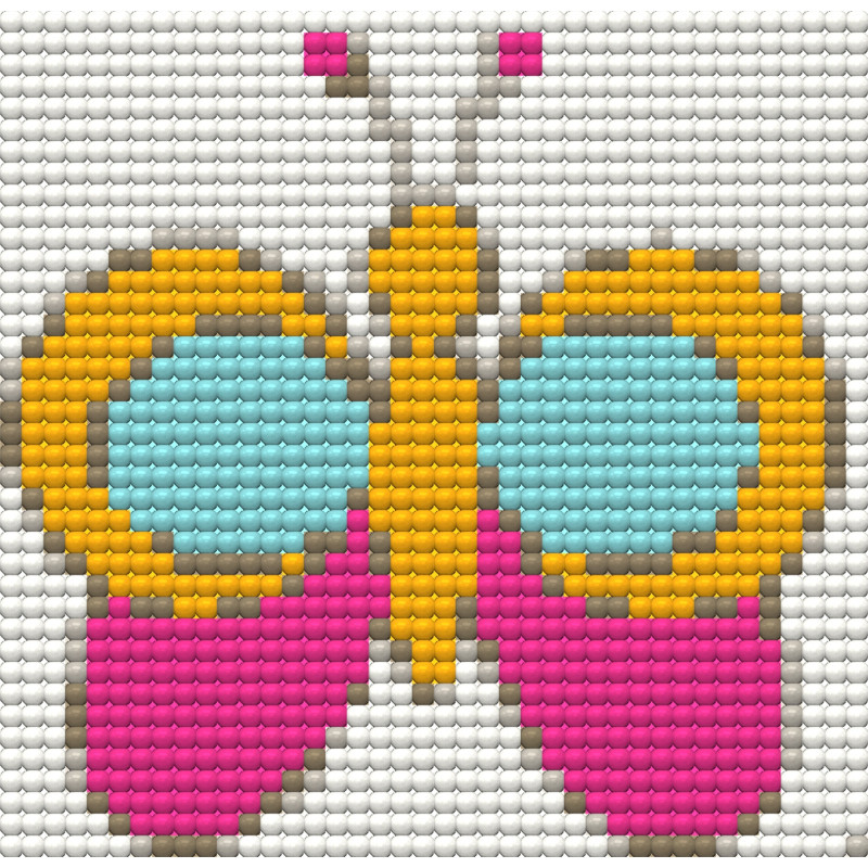 Completed 11x11cm mini diamond painting of a butterfly with pink, yellow, and blue round drills on a white grid background.