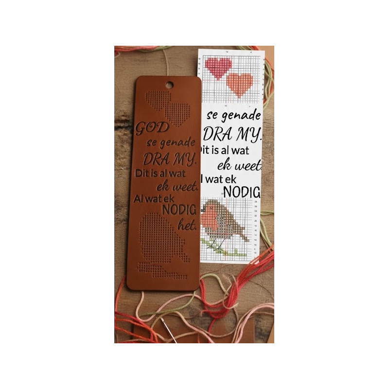 Handcrafted Veg Tan Leather Cross Stitch Bookmark Kit – God se Genade