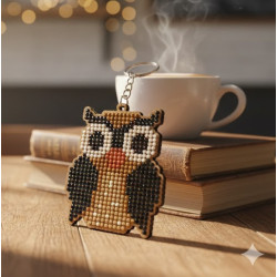 Handmade laser-cut wooden owl keychain with diamond dots and custom engraving option.