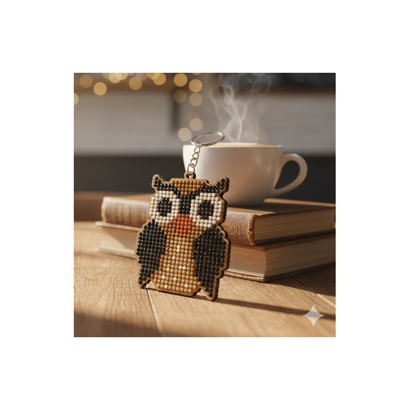 Handmade laser-cut wooden owl keychain with diamond dots and custom engraving option.