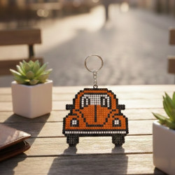 Orange VW Beatle Diamond dot Wooden Keyring
