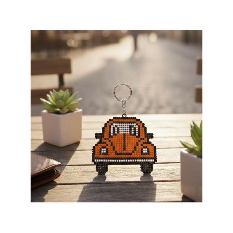 Orange VW Beatle Diamond dot Wooden Keyring
