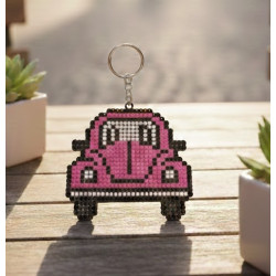 Pink VW Beatle Diamond dot wooden keyring