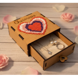 Personalized laser-cut wooden box with diamond dot heart and pull-out drawer.