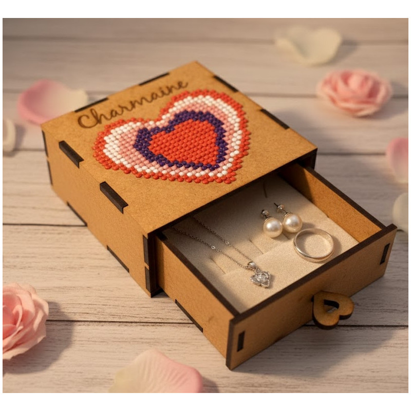 Personalized laser-cut wooden box with diamond dot heart and pull-out drawer.