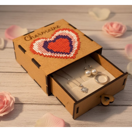 Personalized laser-cut wooden box with diamond dot heart and pull-out drawer.