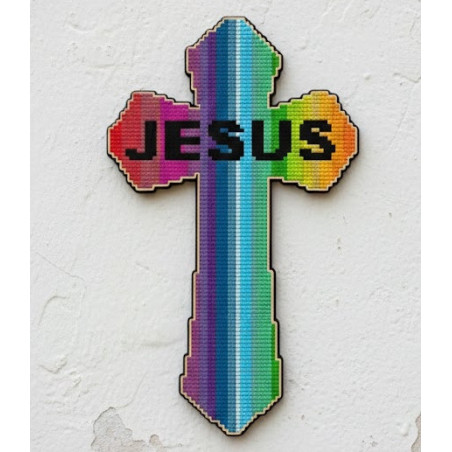 0cm laser-cut MDF wooden cross with Jesus engraving and dot art guides hanging on a wall.