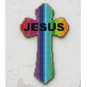 0cm laser-cut MDF wooden cross with Jesus engraving and dot art guides hanging on a wall.