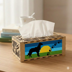 Laser-cut wooden tissue box cover with a shimmering Diamond Art dog silhouette and sunset mosaic panel on the side.