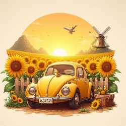 50x50cm diamond painting kit showing a yellow vintage Beetle car in a field of sunflowers with a windmill and sunset background