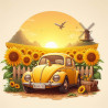 50x50cm diamond painting kit showing a yellow vintage Beetle car in a field of sunflowers with a windmill and sunset background