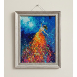 "Diamond art painting of a girl dancing in a sparkling gold and orange dress against a blue galaxy background"