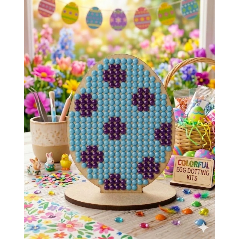 Miniature DIY diamond art Easter egg with blue and dark purple polka dot design,