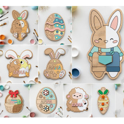 9 different DIY laser-cut wooden Easter shapes including baskets, bunnies, and eggs, ready for painting and decorating.