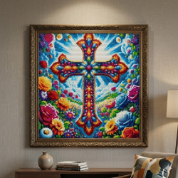 Floral cross diamond art painting 35x35cm to be dotted.