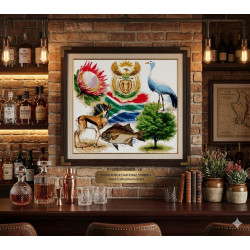 Large 67x75cm diamond painting of South African national symbols including the flag, Springbok, and King Protea.