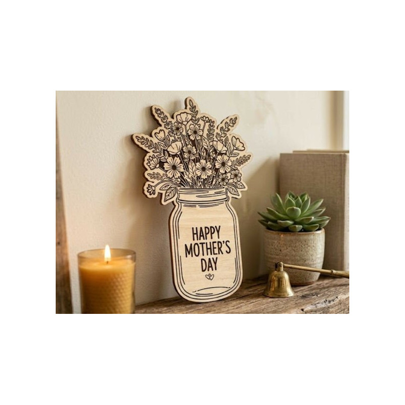 Three laser-cut wooden mason jars with flowers for Mother's Day.
