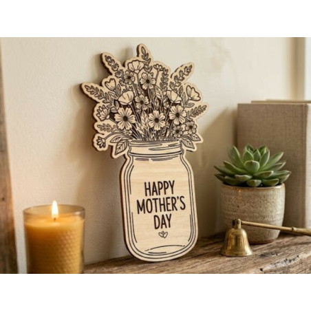 Three laser-cut wooden mason jars with flowers for Mother's Day.