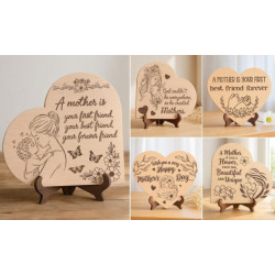 Laser engraved 20cm wooden heart plaque for Mother’s Day featuring mother and child illustration