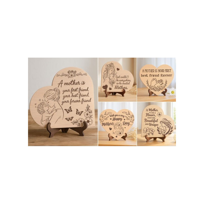Laser engraved 20cm wooden heart plaque for Mother’s Day featuring mother and child illustration
