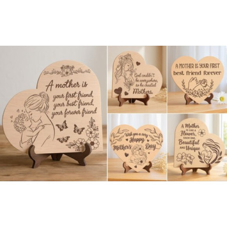 Laser engraved 20cm wooden heart plaque for Mother’s Day featuring mother and child illustration