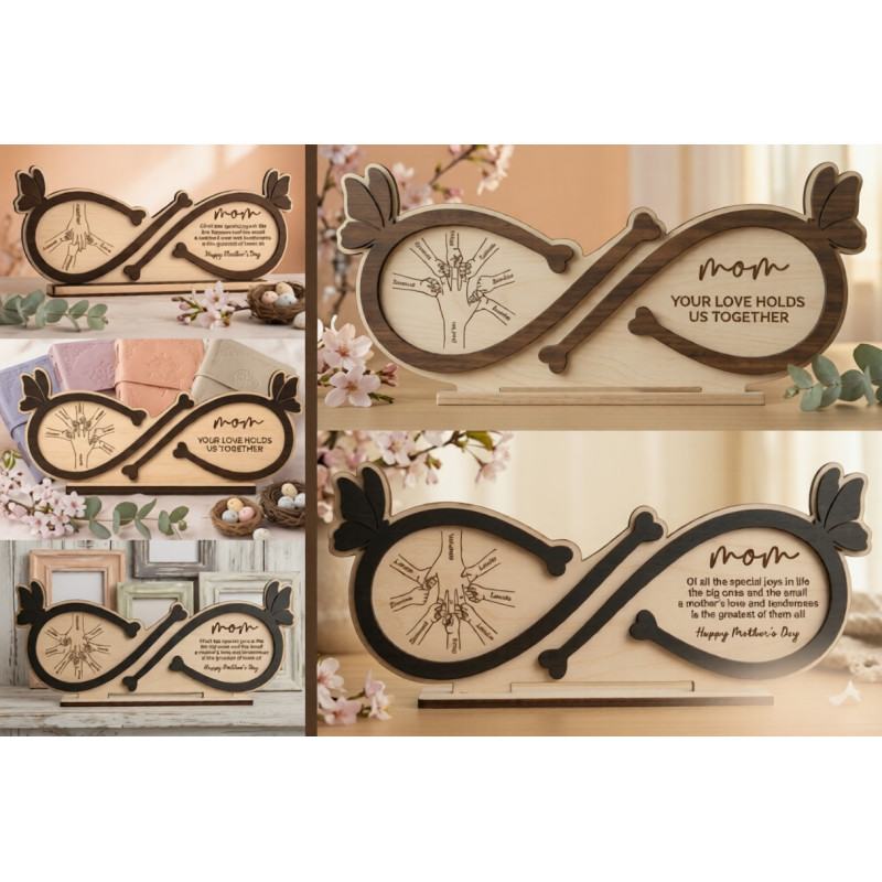 A custom-made wooden infinity-shaped plaque for Mother's Day with kids hands engraved