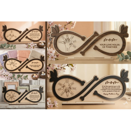 A custom-made wooden infinity-shaped plaque for Mother's Day with kids hands engraved