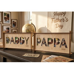 MDF wood photo frames on a decorated Father's Day mantel, with letter cutout and engraving both filled with family photos.