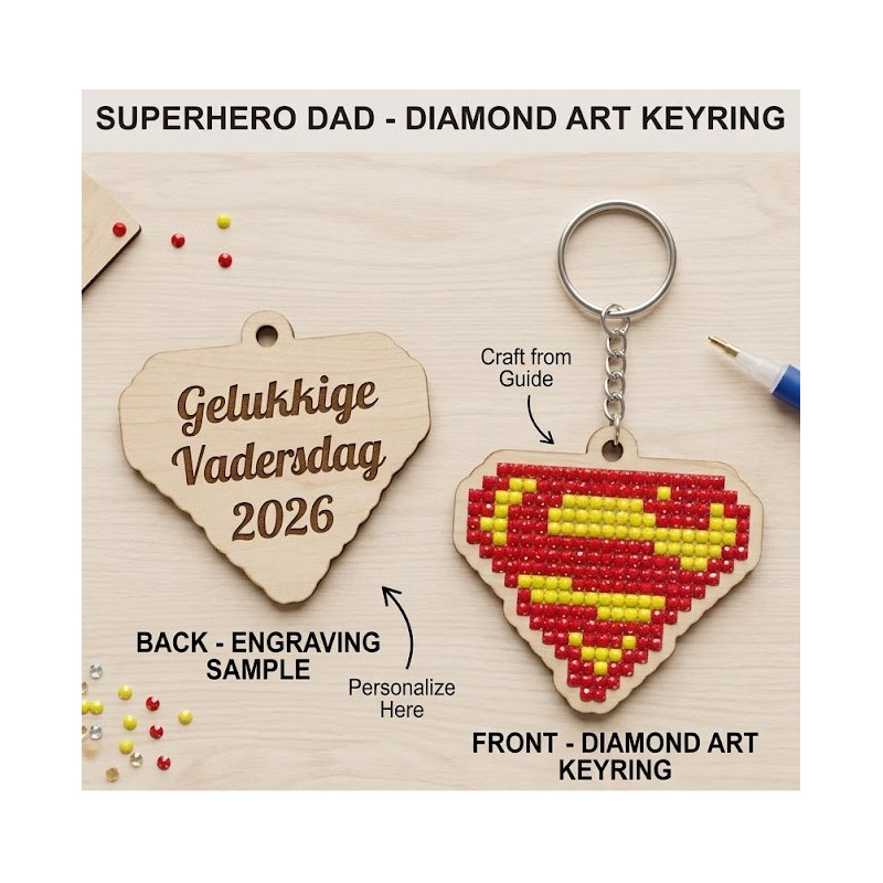 This DIY Superhero Diamond Art Keyring Kit features a laser-engraved Father's Day back