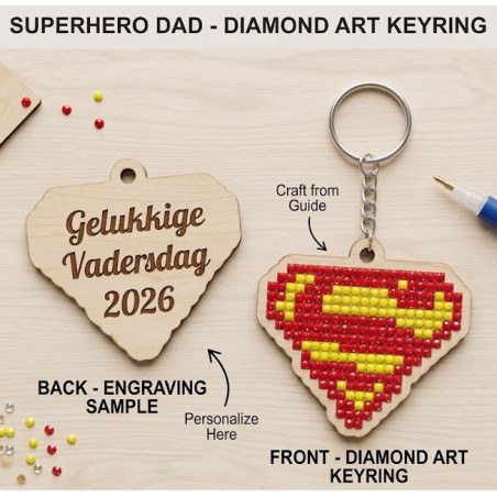 This DIY Superhero Diamond Art Keyring Kit features a laser-engraved Father's Day back